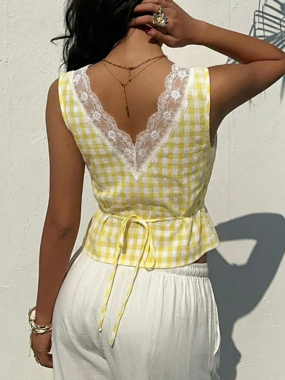 Yellow Sexy Women's Plaid & Lace Patchwork Sleeveless Blouse top - Picture 3 of 8